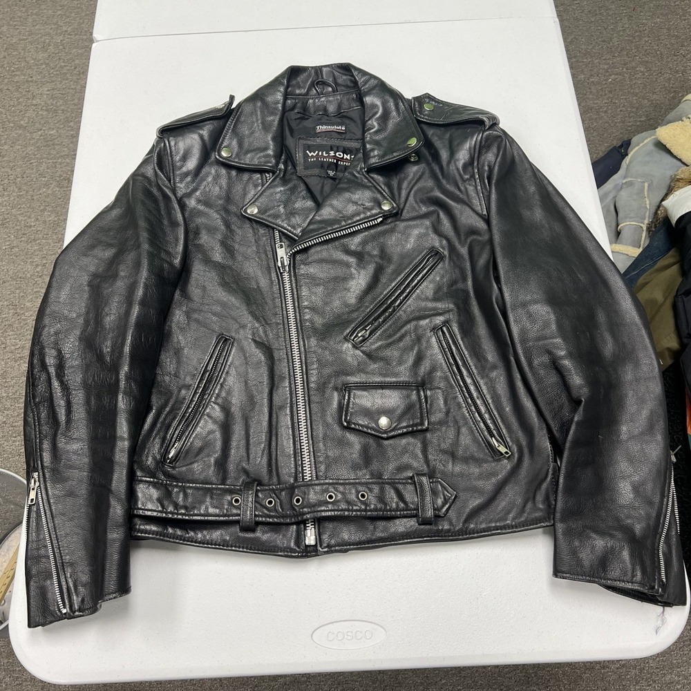 Wilsons Leather Biker Jacket Mens M Black Thinsulate Belted Moto Asymmetrical